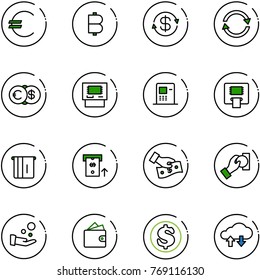 line vector icon set - euro vector, bitcoin, dollar exchange, atm, cash pay, wallet, cloud data