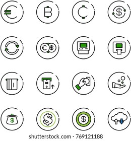 line vector icon set - euro vector, bitcoin, cent, dollar exchange, atm, cash pay, purse, cloud data