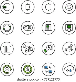 line vector icon set - euro vector, bitcoin, cent, dollar exchange, atm, cash pay, reload, data, cloud