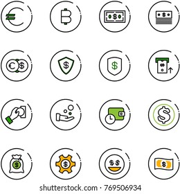 line vector icon set - euro vector, bitcoin, dollar, safe, atm, cash pay, wallet time, money bag, managemet, smile