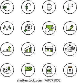 line vector icon set - euro vector, pound, bitcoin, ruble, monero, money search, wallet time, growth arrow, store, open, ipo, bag