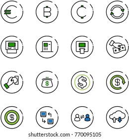 line vector icon set - euro vector, bitcoin, cent, exchange, atm, cash pay, purse, dollar, reload, data, information, cloud