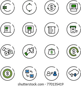 line vector icon set - euro vector, cent, dollar exchange, atm, cash pay, purse, reload, data, information, cloud