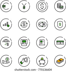 line vector icon set - euro vector, yen, dollar coin, exchange, safe, insurance, atm, cash, investment, pay, piggy bank