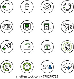 line vector icon set - euro vector, bitcoin, dollar exchange, atm, cash pay, wallet, purse, reload, information, cloud data