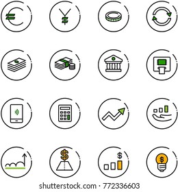 line vector icon set - euro vector, yen, coin, exchange, dollar, cash, bank, atm, mobile payment, calculator, growth arrow, chart, business idea