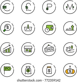 line vector icon set - euro vector, pound, ruble, monero, money search, basket, wallet time, growth arrow, store, open, ipo, bag, dollar