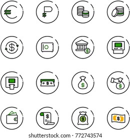 line vector icon set - euro vector, ruble, coin, dollar exchange, safe, account, atm, cash, money bag, encashment, wallet, history