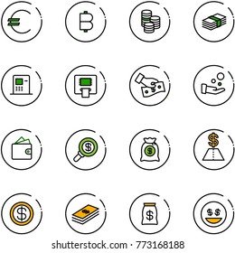 line vector icon set - euro vector, bitcoin, coin, dollar, atm, cash pay, wallet, search money, bag, smile