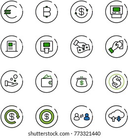 line vector icon set - euro vector, bitcoin, dollar exchange, atm, cash pay, wallet, purse, reload, information, cloud data