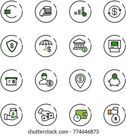 line vector icon set - euro vector, coin, dollar exchange, safe, insurance, account, atm, receipt, pin, piggy bank, investment, cash pay, wallet time, rich