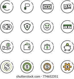 line vector icon set - euro vector, ruble, dollar, cash, safe, smile, investment, wallet, purse, piggy bank, money managemet