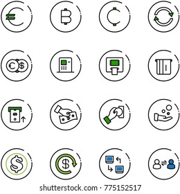line vector icon set - euro vector, bitcoin, cent, exchange, dollar, atm, cash pay, reload, data, information