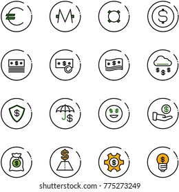 line vector icon set - euro vector, monero, currency, dollar coin, cash, money rain, safe, insurance, smile, investment, bag, managemet, business idea