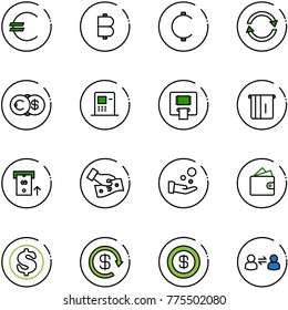 line vector icon set - euro vector, bitcoin, cent, exchange, dollar, atm, cash pay, wallet, reload, information