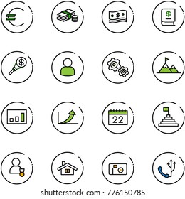 line vector icon set - euro vector, cash, annual report, money torch, user, gears, attainment, statistics, growth arrow, calendar, pyramid flag, winner, home, photo, phone