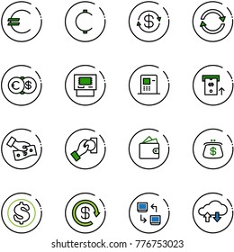 line vector icon set - euro vector, cent, dollar exchange, atm, cash pay, wallet, purse, reload, data, cloud