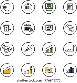 line vector icon set - euro vector, bank, atm, calendar, statistics report, investment, cash pay, money torch, growth, dollar chart