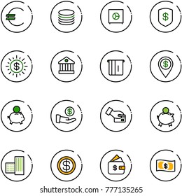 line vector icon set - euro vector, coin, safe, dollar sun, bank, atm, pin, piggy, investment, card pay, building, finance management, money