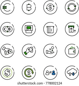 line vector icon set - euro vector, bitcoin, dollar exchange, atm, cash pay, wallet, reload, information, cloud data