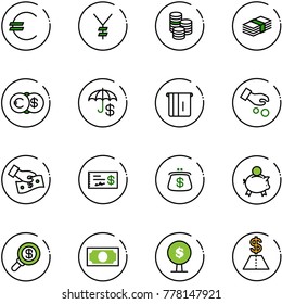 line vector icon set - euro vector, yen, coin, dollar, insurance, atm, investment, cash pay, check, purse, piggy bank, search money, tree
