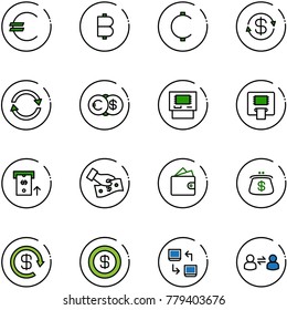line vector icon set - euro vector, bitcoin, cent, dollar exchange, atm, cash pay, wallet, purse, reload, data, information
