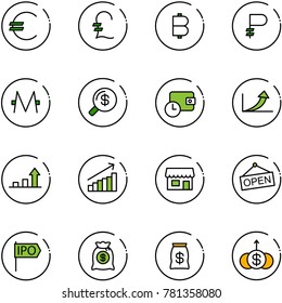 line vector icon set - euro vector, pound, bitcoin, ruble, monero, money search, wallet time, growth arrow, store, open, ipo, bag, dollar