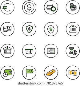 line vector icon set - euro vector, dollar coin, cash, safe, bank, receipt, finance calendar, account history, wallet time, ipo, gold, money