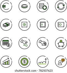 line vector icon set - euro vector, coin, exchange, dollar, safe, calendar, investment, card pay, piggy bank, growth, money dialog