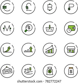 line vector icon set - euro vector, pound, bitcoin, ruble, monero, money search, basket, wallet time, growth arrow, store, open, bag