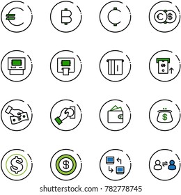 line vector icon set - euro vector, bitcoin, cent, dollar, atm, cash pay, wallet, purse, data exchange, information