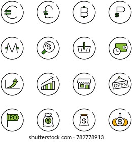 line vector icon set - euro vector, pound, bitcoin, ruble, monero, money search, basket, wallet time, growth arrow, store, open, ipo, bag, dollar