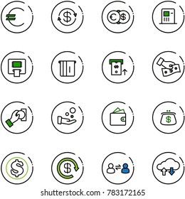 line vector icon set - euro vector, dollar exchange, atm, cash pay, wallet, purse, reload, information, cloud data