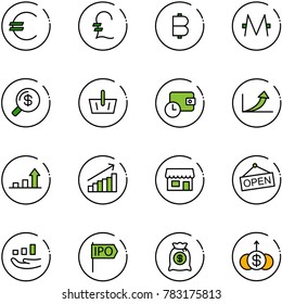 line vector icon set - euro vector, pound, bitcoin, monero, money search, basket, wallet time, growth arrow, store, open, ipo, bag, dollar