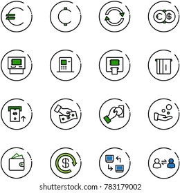 line vector icon set - euro vector, cent, exchange, dollar, atm, cash pay, wallet, reload, data, information