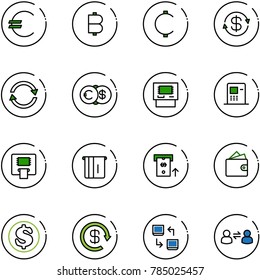 line vector icon set - euro vector, bitcoin, cent, dollar exchange, atm, wallet, reload, data, information