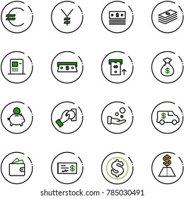 line vector icon set - euro vector, yen, dollar, atm, cash, money bag, piggy bank, pay, encashment car, wallet, check