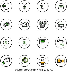 line vector icon set - euro vector, yen, pound, coin, dollar, big cash, money rain, safe, atm, investment, pay, search, smile
