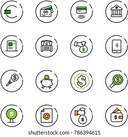 line vector icon set - euro vector, credit card, tap pay, bank, atm, money chest, encashment, mobile payment, torch, piggy, dollar, search, tree, certificate, rich, finance management