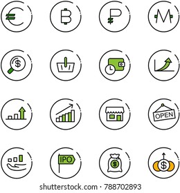 line vector icon set - euro vector, bitcoin, ruble, monero, money search, basket, wallet time, growth arrow, store, open, ipo, bag, dollar