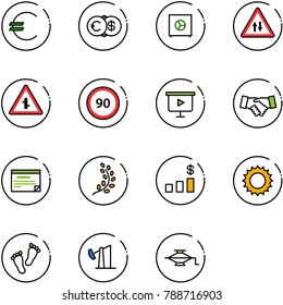 line vector icon set - euro vector, dollar, safe, oncoming traffic road sign, intersection, speed limit 90, presentation board, agreement, schedule, golden branch, chart, sun, feet, oil derrick