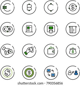 line vector icon set - euro vector, bitcoin, cent, dollar exchange, atm, cash pay, wallet, purse, data, information