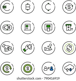 line vector icon set - euro vector, bitcoin, cent, dollar exchange, atm, cash pay, reload, information, cloud data