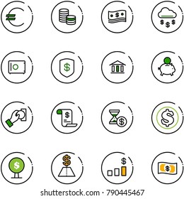 line vector icon set - euro vector, coin, cash, money rain, safe, bank, piggy, pay, account history, dollar, tree, chart