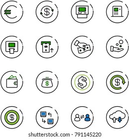 line vector icon set - euro vector, dollar exchange, atm, cash pay, wallet, purse, reload, data, information, cloud