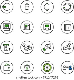 line vector icon set - euro vector, bitcoin, cent, exchange, atm, cash pay, wallet, purse, dollar, information