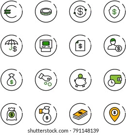 line vector icon set - euro vector, coin, dollar exchange, safe, insurance, atm, account statement, money bag, investment, piggy bank, wallet time, rich, map pin