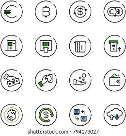 line vector icon set - euro vector, bitcoin, dollar exchange, atm, cash pay, wallet, reload, data, cloud