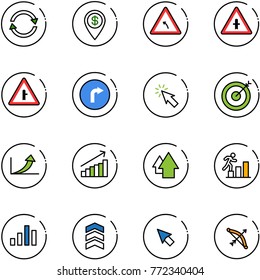 line vector icon set - exchange vector, dollar pin, turn left road sign, intersection, only right, cursor, target, growth arrow, up, career, chart, chevron, bow