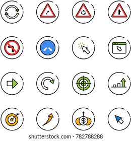 line vector icon set - exchange vector, turn right road sign, round motion, intersection, no left, detour, cursor, browser, arrow, redo, target, growth, dollar